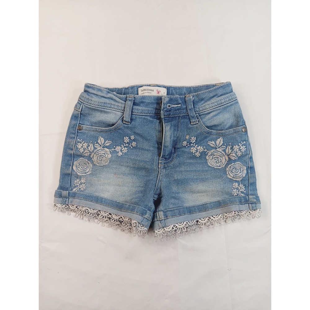 Beautees Girls Embroidered Denim Shorts Kids Size 7 Blue Floral Lace Trim